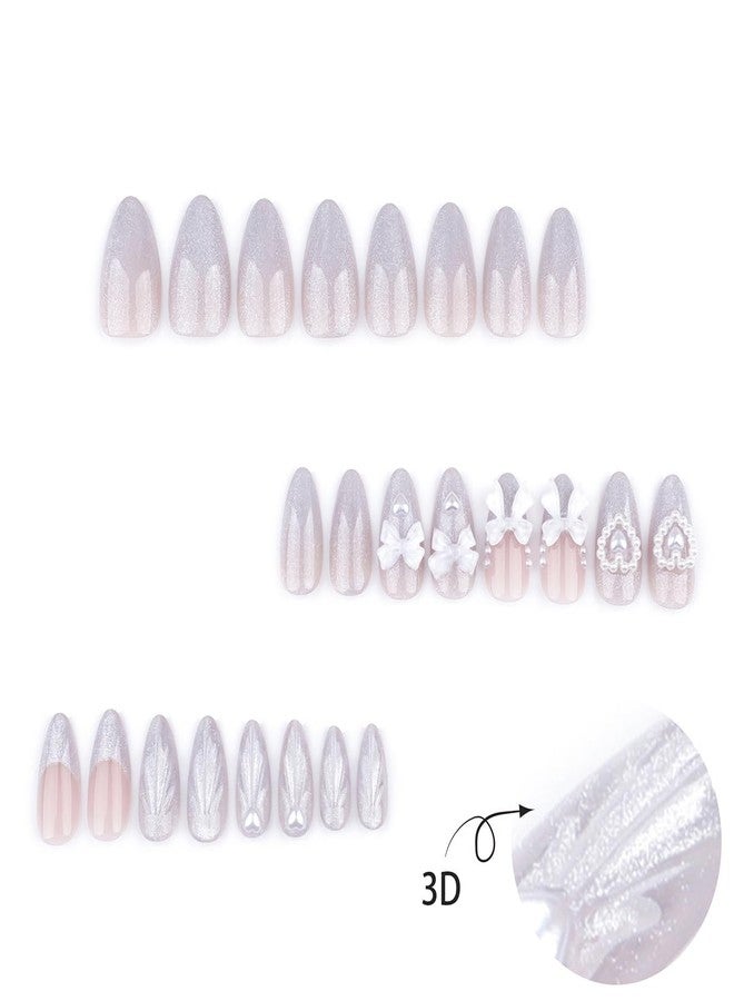 OSTTMA 24Pcs Almond Press on Nails 3D Heart Fake Nails Glossy Silver False Nails with 3D Bow Heart Pearl Acrylic Nails Designs Luxury Glue on Nails Full Cover Artificial Nails for Women Manicure Decor - Image 2